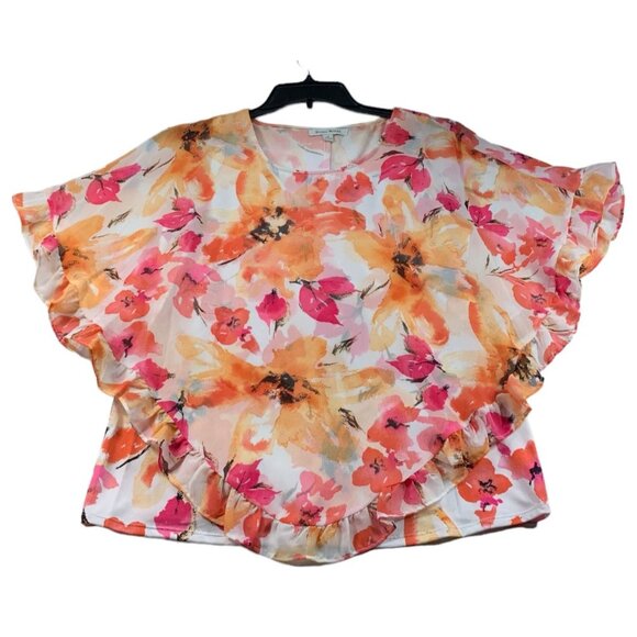 Studios Works Blouse Womens Size Medium White Floral Pattern Poncho - Picture 1 of 7